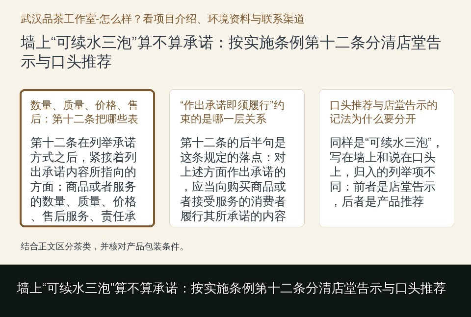墙上“可续水三泡”算不算承诺:按实施条例第十二条分清店堂告示与口头推荐的知识要点示意图