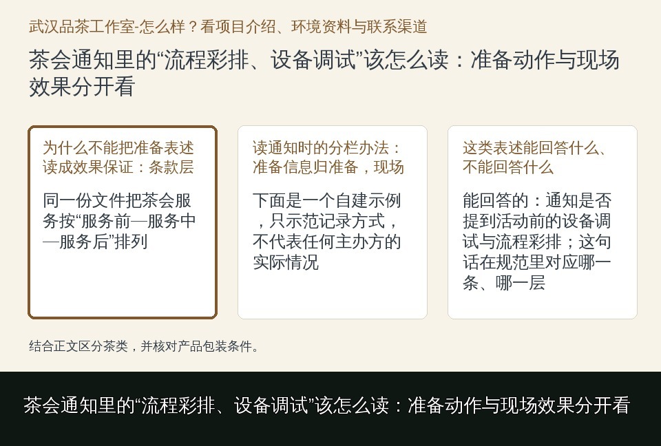 茶会通知里的“流程彩排、设备调试”该怎么读：准备动作与现场效果分开看的知识要点示意图